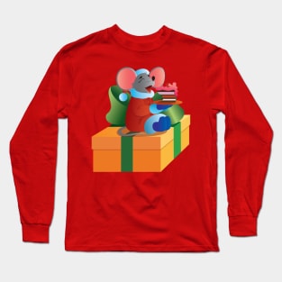 New Year's mouse with a cake on a yellow box with a green bow. Long Sleeve T-Shirt